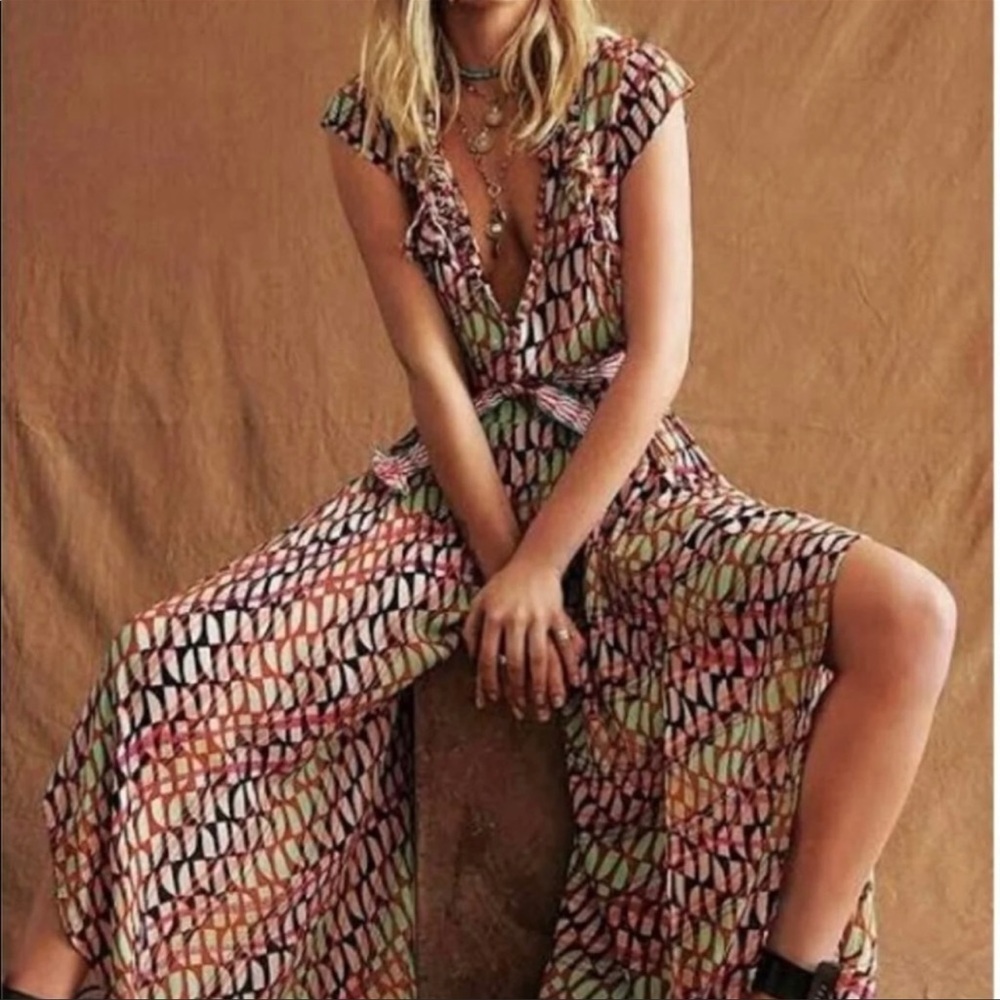 Free People Sahara Jumpsuit Summer Sleeveless Green Combo size S